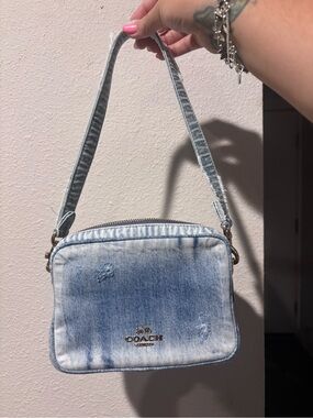 Coach Light Blue Denim Crossbody Camera Bag with Gold Logo